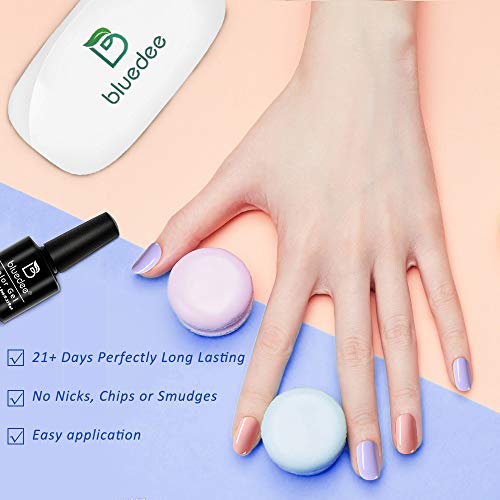 Bluedee Gel Nail Polish Starter Kit 6 pcs Ice Cream Series Colors Gel Polish Set with 9W UV LED Nail Lamp Dryer Base Coat Strength Top Coat Glitter Powder Nail Art Rhinestone Home Manicure Gift Box