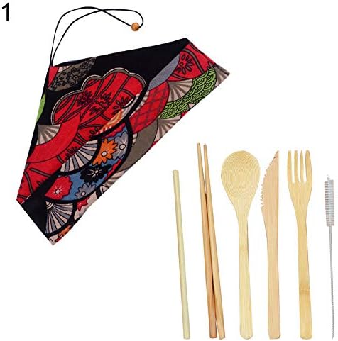 SuBoZhuLiuJ Travel Camping Flatware Bamboo Cutlery Set Knife Fork Spoon Straw Cloth Bag - 1#