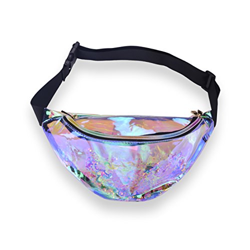 Miracu Holographic Fanny Pack, 80s Fanny Packs for Women and Men, Shiny Waist Pack Bum Bag Fashion for Rave, Festival, Party, Travel (Clear Quicksand)