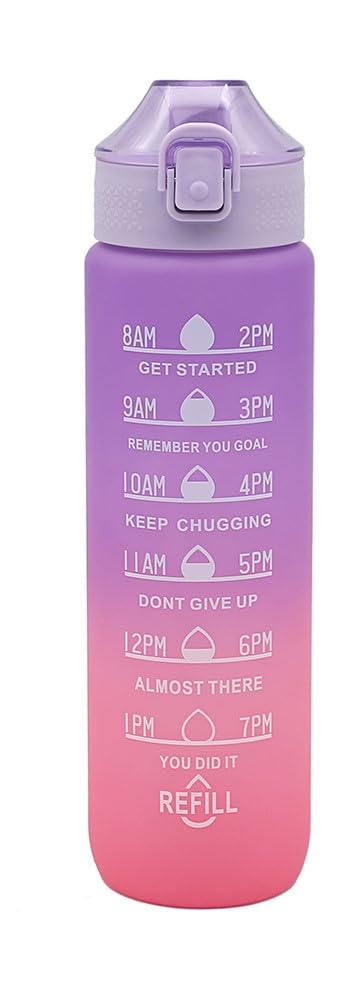 Hydration Water Bottle - 1 Litre Graduated, BPA Free (Mauve top)