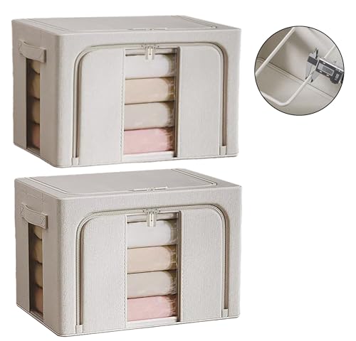 Clothes Organizer, 2 Pack Foldable Metal Frame Clothing Storing Bins with Double Visable Window, Large Capacity Cloth Container with Reinforced Handles, Storage Box, (Cream Yellow)