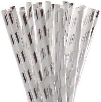 Generic Fashion Food Grade 100 Pack of Metallic Silver Foil Striped Paper Straws Wedding Christmas,Stripe Party Decoration Bridal Shower Paper Drinking Straws