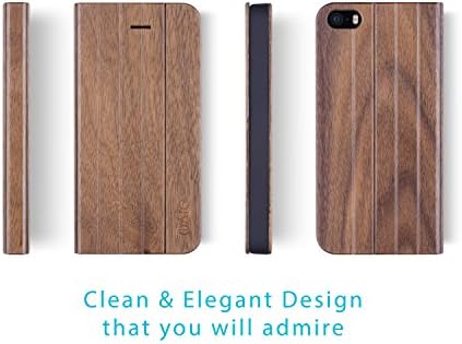 iATO iPhone SE / 5S / 5 Book Type Case Real Wooden Premium Protective Folio Flip Cover - Unique, Stylish & Classy Real Walnut Wood Front and Back Accessory for iPhone SE / 5s / 5