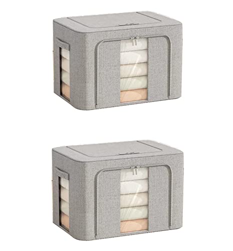Ymlike 2 Pack Clothes Organizer Box Storage, Foldable Metal Frame Clothing Storing Bins with Double Visable Window, Large Capacity Cloth Container with Reinforced Handles, (66 L, Grey)