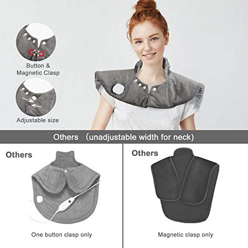 Joofo Heating Pad for Neck & Shoulder Pain Relief,Adjustable Size with Magnet & Button Closure,Neck Heating Pad with 4 Heat Settings, Heated Pad with Auto Shut Off 22" x 23"- Grey