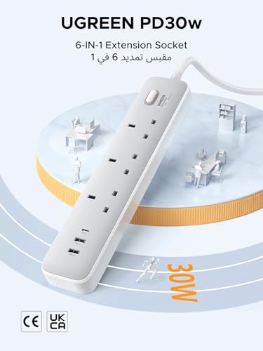 UGREEN GaN 6-in-1 Surge Protector Power Strip with PD30W USB-C (2A1C), Overload/Short-Circuit/Overheat Protection Extension Cord with 3 AC Outlet, UK Plugs with 2M Lead for Home Office Travel, etc