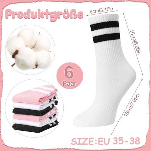 6 paia di calzini da donna 35-38 calzini da tennis in cotone retrò da donna calzini sportivi colorati con motivo a righe Crew Socks per donna ragazza tennis sport, Bianco/Nero/Rosa, 35-38