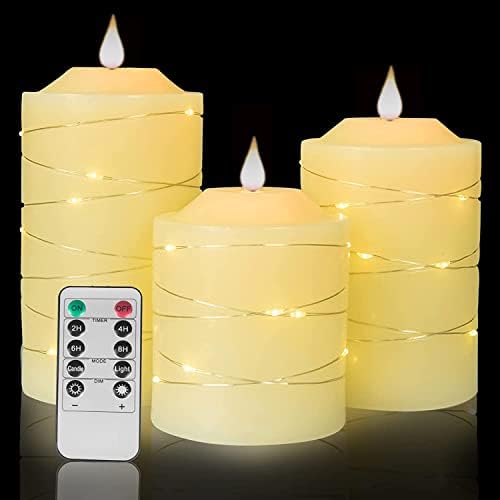 Flameless Battery Operated LED Candles with Embedded String Lights, 3 Pack Flickering Electric
