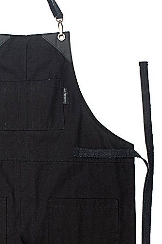 Under NY Sky No-Tie Deep Black Apron - Durable Twill with Leather Reinforcement and Split-Leg - Adjustable for Men and Women - Pro Barber, Tattoo, Barista, Bartender, Baker, Hair Stylist, Server Apron