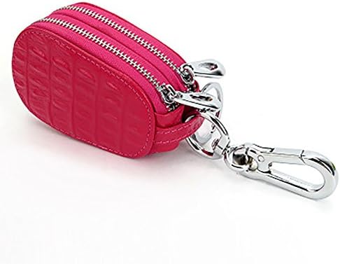 Car Key case Genuine Leather for Mens Womens Bag Keychain Smart Universal Double Zipper Hook Coin Purse Wallet Holder Rangren  (Rose Red)