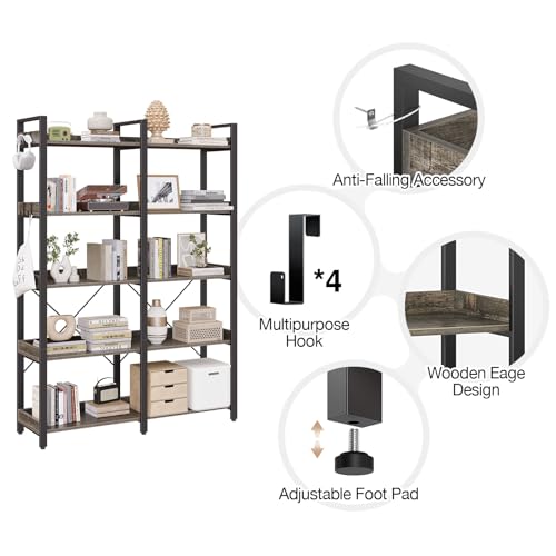 Seventable 5 Tier Large Bookshelf, 63" Tall Industrial Bookcase with 4 Hooks, Wooden Bookcase for Home Office Living Room, 43.3” Wide Standing Storage Shelf with Open Shelves, Grey