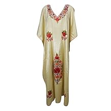 Mogul Interior Womens Caftan Dress Beige Silk Embroidered Resort Wear Kaftan One Size