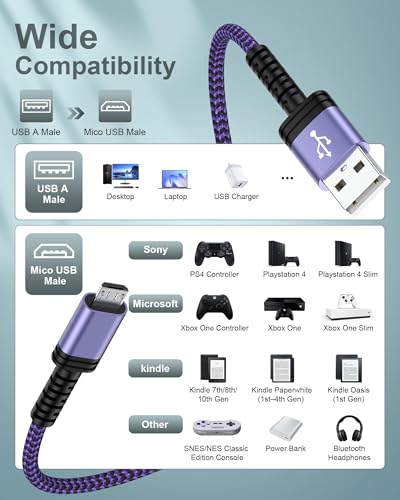 Micro USB Charging Cable, 1 Pack 6FT Android Charger Cord Nylon Braided Fast Charging Cable Compatible Galaxy S6 S7 Edge,Kindle,Android & Windows Smartphones, PS4 and More-Purple