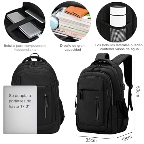 Mochila para Laptop de 17.3 pulgadas,Mochila Impermeable,Mochila de viaje extra grande para hombre y mujer,50X35X19cm，Tiene un puerto de carga USB, apto para portátiles de 17,3 pulgadas