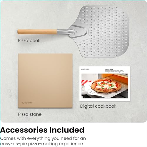 CHEFMAN Indoor Pizza Oven - Makes 12 Inch Pizzas in Minutes, Heats up to 800°F - Countertop Electric Pizza Maker with 5 Touchscreen Presets, Pizza Stone and Peel Included - Stainless Steel