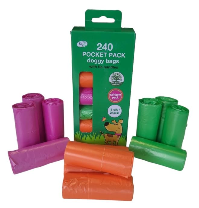 240 TidyZ Dog Poo Bags. Minimum 30% Recycled Plastic. Strong, Large Pet Waste Bags. Tie Handles. Individual Pocket Packs. Coloured. Leakproof. 12 Rolls of 20