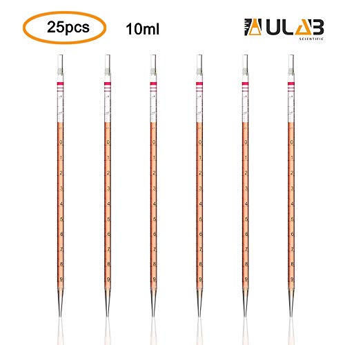 ULAB Plastic Disposable Serological Pipettes, Cap.10ml with Graduations, PS Material, Gamma Sterile, Pack of 25, ULH1007