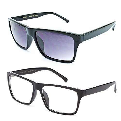 High Quality Classic Unisex Squared Fashion Clear Lens Eye Glasses & Sunglasses with Flash Lens 2 Pack