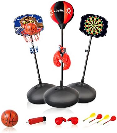 Dash Toyz 3-in 1 Kid's Sport Set Boxing, Dart, Basketball with Accessories Freestanding Adjustable Height