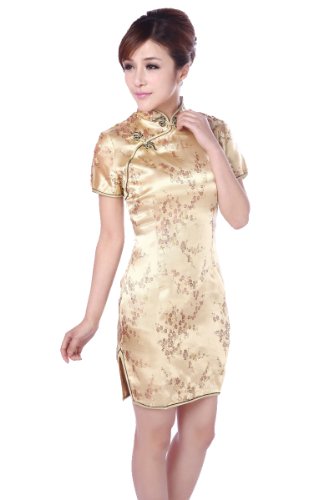JTC Women's Royal Chinese Plum Cheongsam Mini Dress Qipao Gold