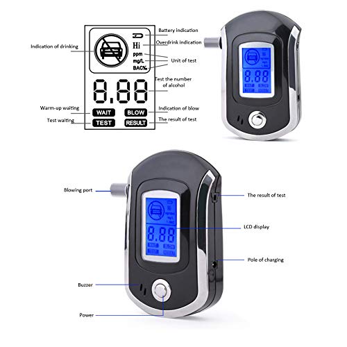 Alcohol Tester Breathalyzer at6000, iPstyle Professional Semiconductor Highly-Accurate Result Digital Blood Breath Tester with 5 Mouthpieces (Alcohol Tester)