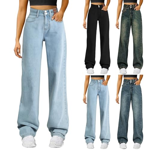 Sweatpants Straight Leg Stretchy Denim Comfor Wide High Waisted Trousers for Women UK Trendy Pants with Pockets Jeans Women