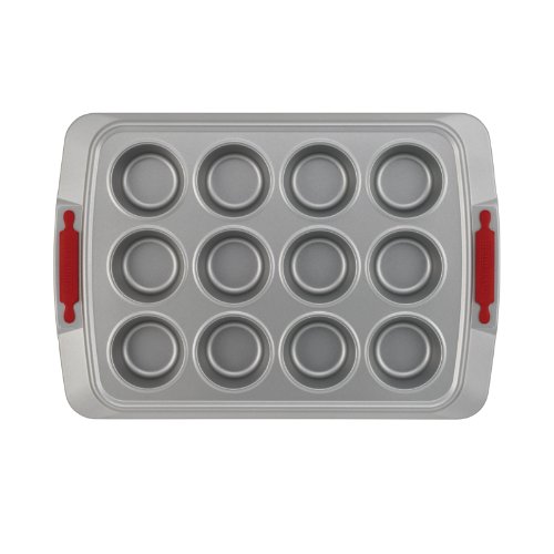 Cake Boss Deluxe Bakeware Nonstick 12-Cup Covered Muffin Pan, Gray with Red Silicone Grips