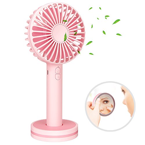 Betheaces Portable Mini Handheld Fan, Small USB Battery Operated Fan with Mirror Base, 3 Speed Electric Table Desk Personal Fans for Women Outdoor Indoor Camping Travel Home Office Cooling (Pink)