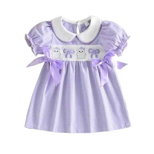 Baby Girl Halloween Outfit Toddler Pumpkin/Ghost Embroidery Dress Ruffle Short Sleeve Smocked Halloween Dresses (A Purple Stripes Ghost, 4-5 Years) at Amazon