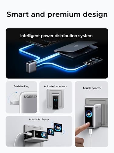 UGREEN 160W 5-Port GaN Charger, Smart Digital Display Screen with Touch Control, 4 USB-C Multi Port Fast Charging Adapter, PD USB C Wall Charger for Laptop MacBook, iPhone 17, GalaxyS26/S25, Pixel 10