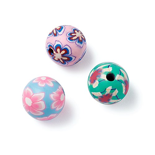Kissitty 200-Piece Mixed Color Handmade Flower Pattern Polymer Clay Round Ball Beads 10mm for DIY Jewelry Making