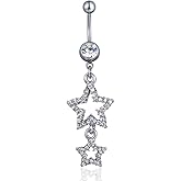 Niaspi 14G Sparkle Star Dangle Belly Button Rings for Women Surgical Steel Belly Navel Piercing Barbell Dangling Body Piercing Jewelry