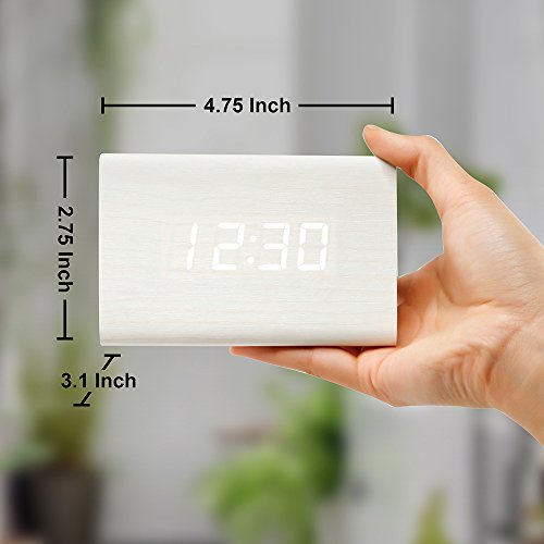 Oct17 Wooden Wood Clock, 2019 New Version LED Alarm Digital Desk Clock 3 Levels Adjustable Brightness, 3 Groups of Alarm Time, Displays Time Date Temperature - White (White Light)