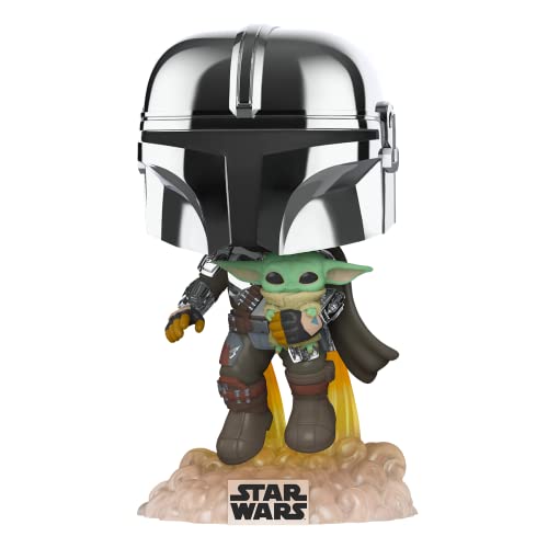 Funko Pop! Star Wars: Across The Galaxy - The Mandalorian Holding Grogu with Pin, Chrome Finish, Amazon Exclusive