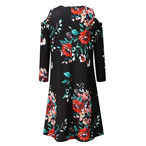 Witspace Women Casual Boho Floral Print Dress Cold Shoulder Long Sleeve Pocket Mini Dress