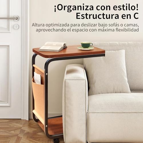RUKKOVIL Mesa Auxiliar Sala con Ruedas, Mesa para Cama de Noche 2 Niveles en Forma de C, Mesitas para Sala con Estructura de Metal, Dormitorio, Trabajar Desde Casa, para Estudiar, Salón