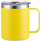 Gteller 12oz Coffee Mug With Handle, Double Wall Stainless Steel Insulated Lowball Tumbler Keeping Hot and Cold (Yellow)