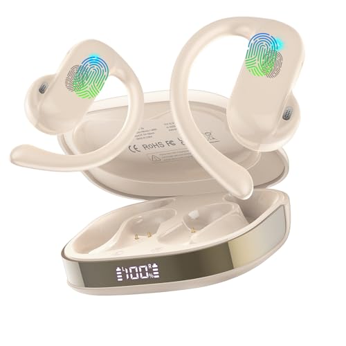 Wireless Earbud Bluetooth 5.4 Open Ear Headphones with Ear Hooks, 42H HiFi Stereo Open Ear Headphones with Clear Calls, IPX7 Waterproof Lightweight Sport Earphones for Sport/Running/Gym/Off White