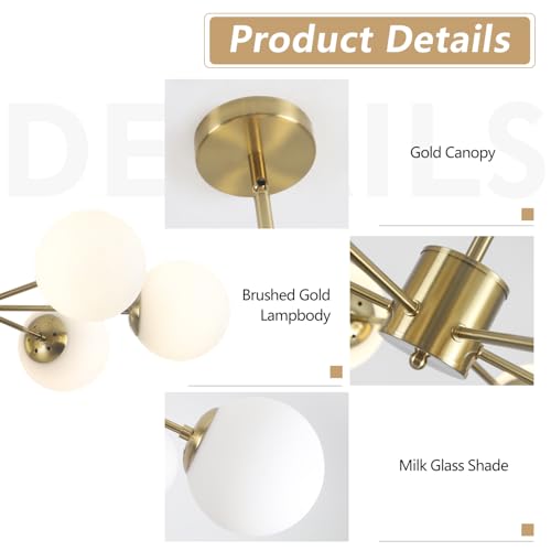KCO Lighting Sputnik Vintage Gold Living Room Chandelier with 6 White Glass Globes, Minimalist Pendant Light 6 Lights with Adapter for Kitchen, Bedroom
