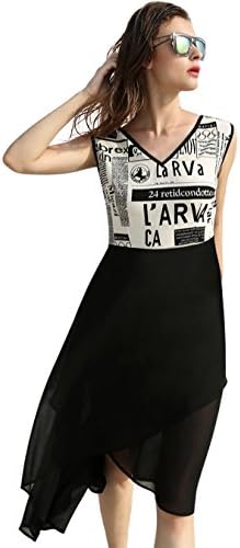 Nagoo Women's V-neck Sleeveless High Low Hem Letter Print Chiffon A-Line Dress (S, Black)