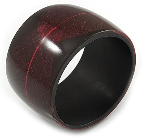 Avalaya Chunky Acrylic Bangle Bracelet with Leaf Motif (Black/Deep Pink) - 17cm L (Medium), black, deep pink - Image 5