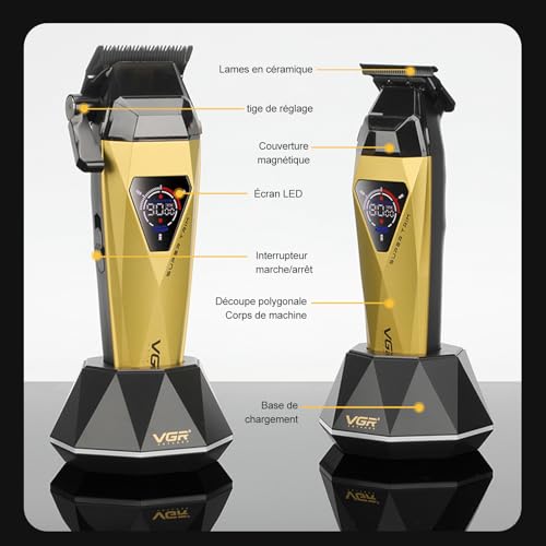 VGR 877S3 Professional Men's Hair Clipper Set, Titanium Coated Cordless Shaver, Trimmer Finish Set with 8000/9000 RPM Motor, Men's Hair Styling Kit with Charging Station, LED Display, Gold