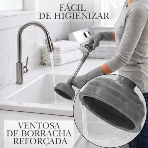 Desentupidor Pia Ralo Banheiro Cozinha Alta Pressao Ventosa Forte Cabo Metal Resistente Limpeza Encanamento Desobstrucao Manual Compacto Facil Uso Pia Tanque Vaso Sanitario Universal Multiuso (Cinza)