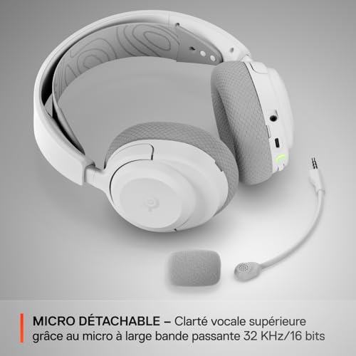 Casque Arctis Nova 3P Wireless - Appli Mobile Companion - Batterie 40h - Haut-parleurs magnétiques en néodyme - 2,4 GHz/Bluetooth - Micro détachable - PS5, PS4, PC, Switch, Mobile -Blanc