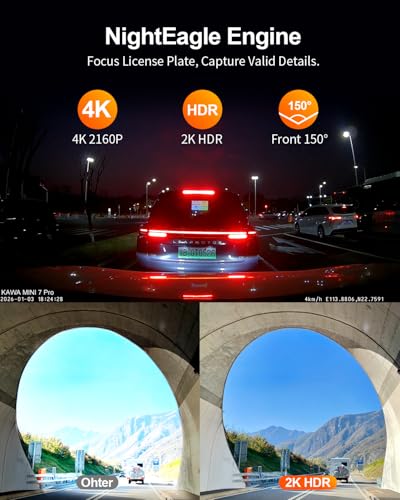 KAWA 4K Front Mini Dash Cam, Voice Control, Stealth Screen, 2K HDR NightEagle Engine Car Camera, Built-in Wi-Fi 6 and GPS, 24/7 Buffer Parking Mode, Support 256GB Max