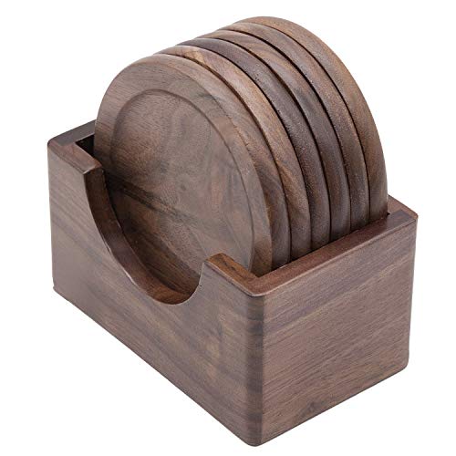 Wood Coasters with Holder, GOH DODD Set of 6 Walnut Wooden Coaster Tabletop Protection for Drinks Coffee Table Home Kitchen Office Bar Living Room Decor Housewarming Gifts Wedding Party