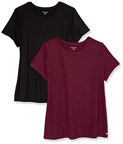 Amazon Essentials Camiseta Elastica de Secado Rapido, Manga Corta y Cuello Redondo (Hay Tallas Grandes) Mujer, Pack de 2, Burdeos Tenido Multicolor/Negro, XL