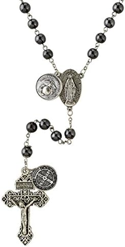 Silver Tone US Marines Military Black Prayer Bead Rosary Necklace, 21 Inch