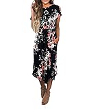 VOKY Women's Short Sleeve Floral Printing Dress Round Neck Boho Plus Size Pleated Waist Above Knee Dress for Beach Party (Medium, Black (Above Knee))