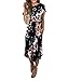 VOKY Women's Short Sleeve Floral Printing Dress Round Neck Boho Plus Size Pleated Waist Above Knee Dress for Beach Party (Medium, Black (Above Knee))